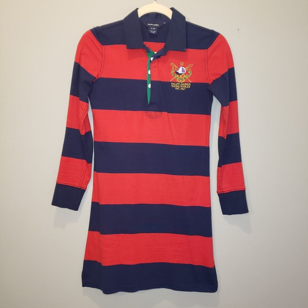 Ralph Lauren Rugby Y2K Polo Dress Womens S Red Blue Striped Crest Emblem